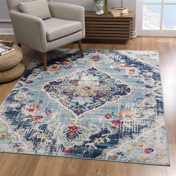 Rug Branch Transitional Boho  Blue Grey Indoor Doormat Rug - 2x5