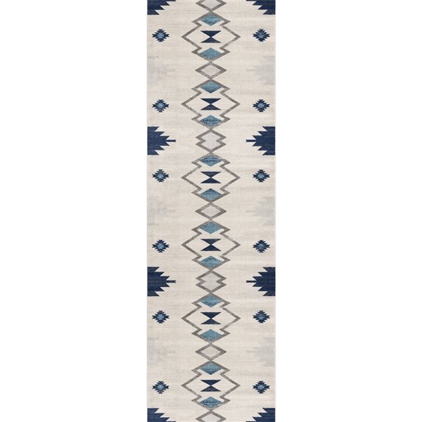 Rug Branch Contemporary Boho  Blue Beige Indoor Runner Rug - 2x8