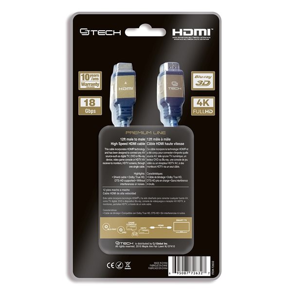 CJ Tech Premium 4K 3D HDMI 2.0 Cable with Ethernet - 12ft