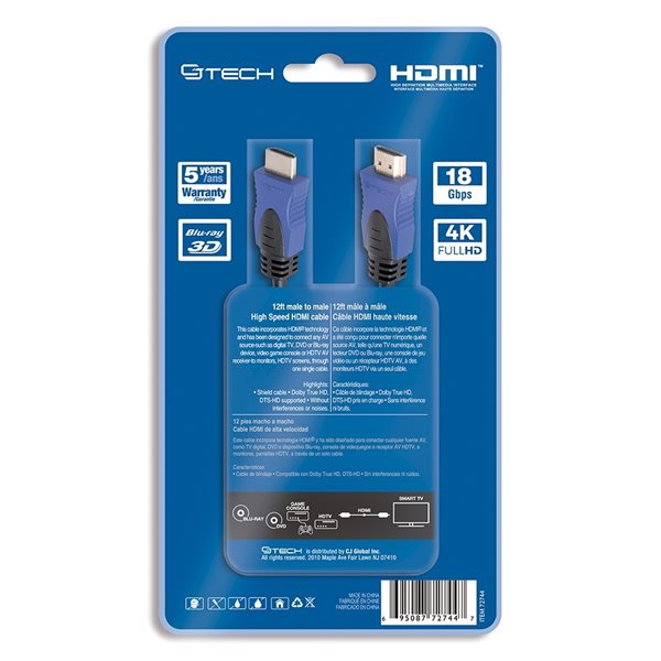 CJ Tech 4K 3D HDMI 2.0 Cable with Ethernet - 12ft
