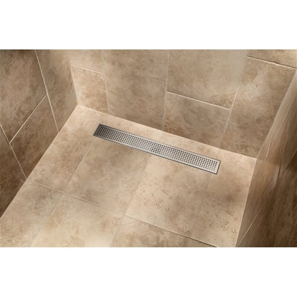 Drain de douche linéaire Tooltech Xpert rectangulaire de 36 po en acier inoxydable avec grillage à trous carrés