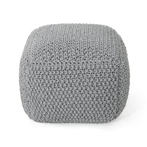 Best Selling Home Décor Finch Knitted Cotton Square Pouf, Light Grey