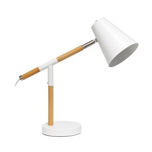 Simple Designs 13-in Adjustable Matte White and Wood On/Off Switch Standard Desk Lamp with Metal Shade