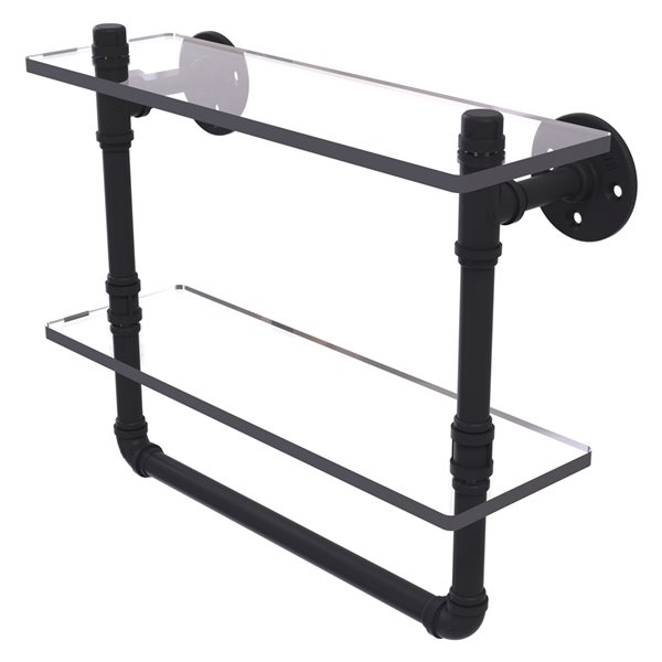 Allied Brass Pipeline 16-in Matte Black and Glass 2-Tier Wall Mount Bathroom Shelf