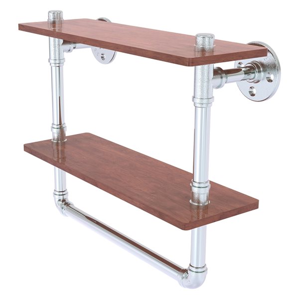 Allied Brass Pipeline 16-in Polished Chrome and Wood 2-Tier Wall Mount Bathroom Shelf