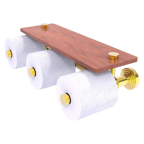 Allied Brass Waverly Place Horizontal Reserve 3-Roll Toilet Paper Holder with Wood Shelf - Polished Brass