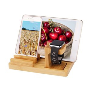 Trexonic Bamboo 4-Port Smart Watch and Charging Stand with 3 Slots and Pen Holder