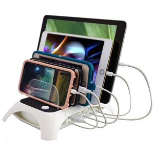 Trexonic 12A 5-Port USB Charging Station with 5 Slots and Power Button, White