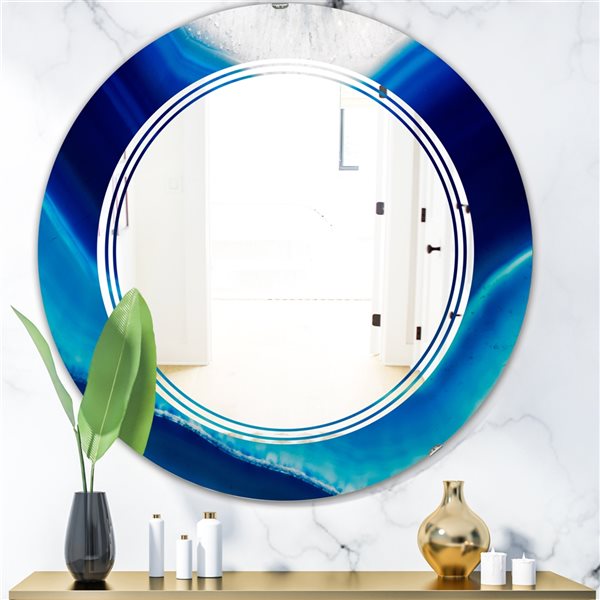 Designart 24-in x 24-in Blue Slice Agate Crystal Round Polished Wall Mirror