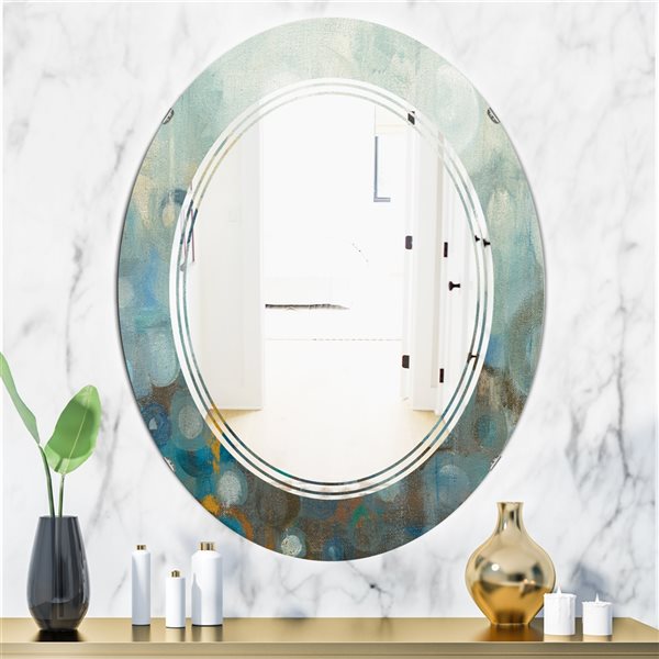 Designart 31.5-in x 23.7-in Blue and Bronze Dots on Glass II Oval Polished Wall Mirror