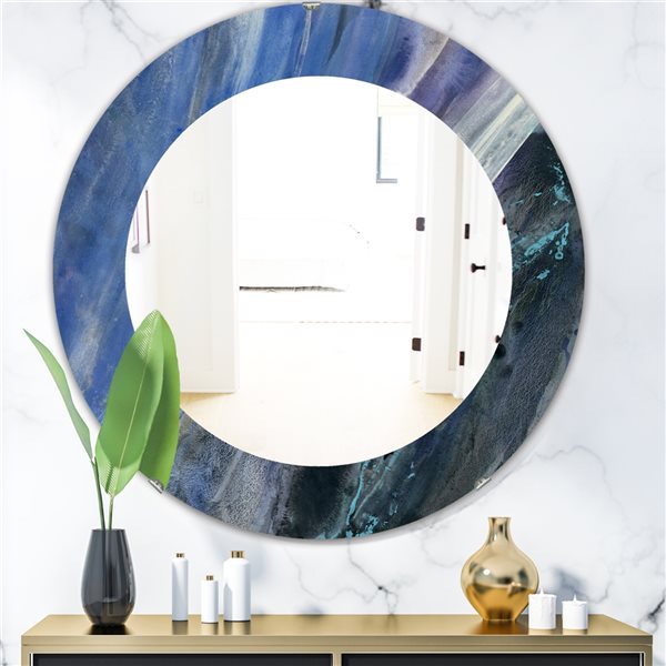 Designart 24-in x 24-in Black and Blue Abstract Water Painting Round Polished Wall Mirror