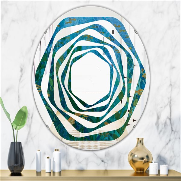 Designart 31.5-in x 23.7-in Blue Underwater Lake Leaves II Oval Polished Wall Mirror