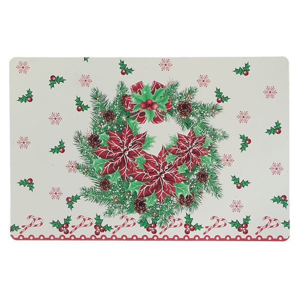 IH Casa Decor Plastic Rectangle Placemats with Poinsettia Wreath - 12-Pack