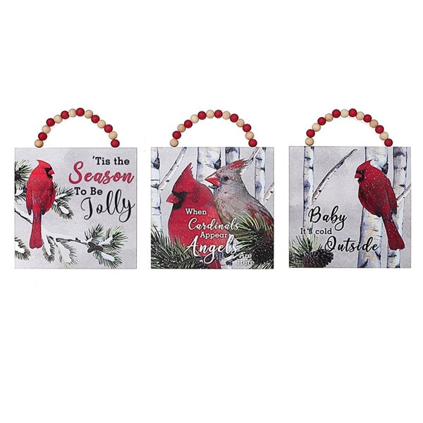 IH Casa Decor Square Wood Cardinal Christmas Ornaments - 3-Pack