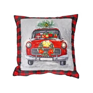 Coussin à DEL en velours carreauté rouge et noir d'IH Casa Decor, motif de camion, ens. de 2