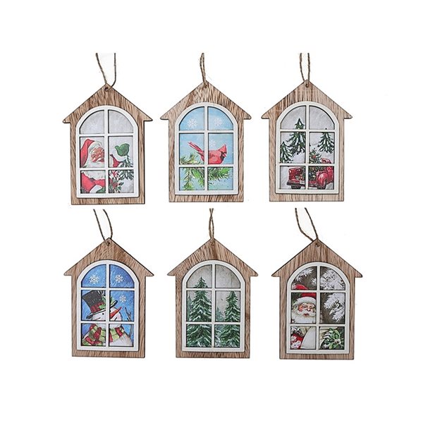 Ornements de Noël en bois IH Casa Decor en forme de maison avec fenêtre, paquet de 6