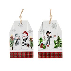 Ornements de Noël IH Casa Decor en forme d'étiquette en bois à carreaux avec bonhommes de neige, paquet de 6