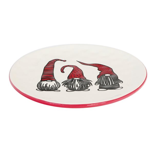 Assiettes rondes en céramique blanche et rouge d'IH Casa Decor avec illustration de gnomes, ens. de 4