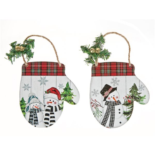 IH Casa Decor Plaid Wood Mitt with Snowmen Christmas Ornaments - 6-Pack