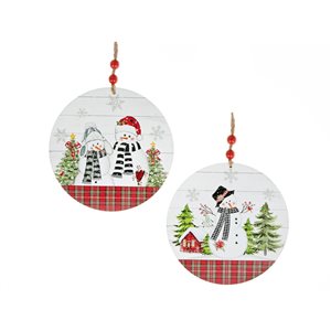 Ornements de Noël en bois IH Casa Decor ronds à carreaux avec bonhommes de neige, paquet de 2