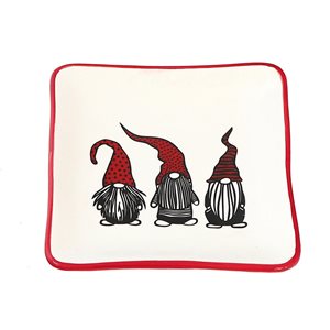 Assiettes carrées en céramique blanche et rouge d'IH Casa Decor avec illustration de gnomes, ens. de 4