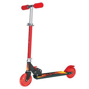 Trottinette pour enfants de Rugged Racers rouge à 2 roues avec design de flammes et lumières à DEL