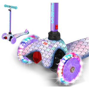 Trottinette pour enfants de Rugged Racers mauve à 3 roues avec design de sirène et lumières à DEL