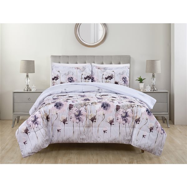 Marina Decoration White/Purple Floral King Comforter Set - 7-Piece