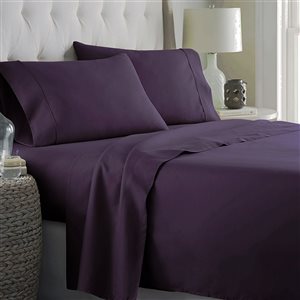 Ensemble de draps 4 pièces pour grand lit Marina Decoration en mélange de coton, aubergine