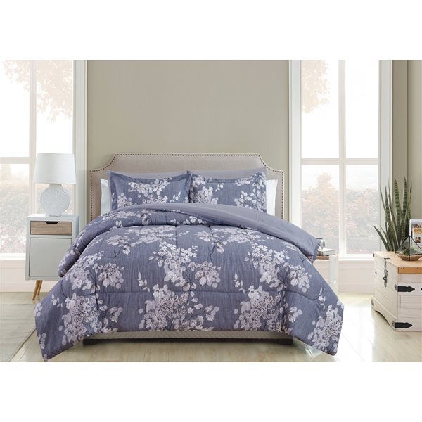 New Gray Black Floral Embroidery 7 pcs Cal King Queen Comforter Set 
