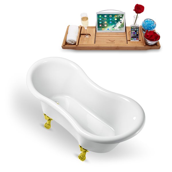 Baignoire sur pieds or poli en acrylique blanc lustré Streamline de 31 po x 62 po avec drain réversible et plateau