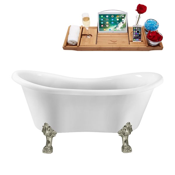 Streamline 31W x 62L Glossy White Acrylic Clawfoot Bathtub with Brushed Nickel Feet and Reversible Drain with Tray