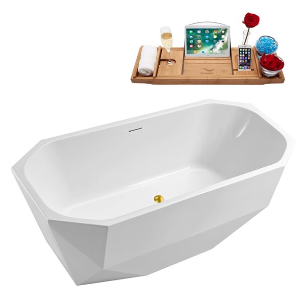 Streamline 29W x 63L Glossy White Acrylic Bathtub and a Polished Gold Center Drain with Tray