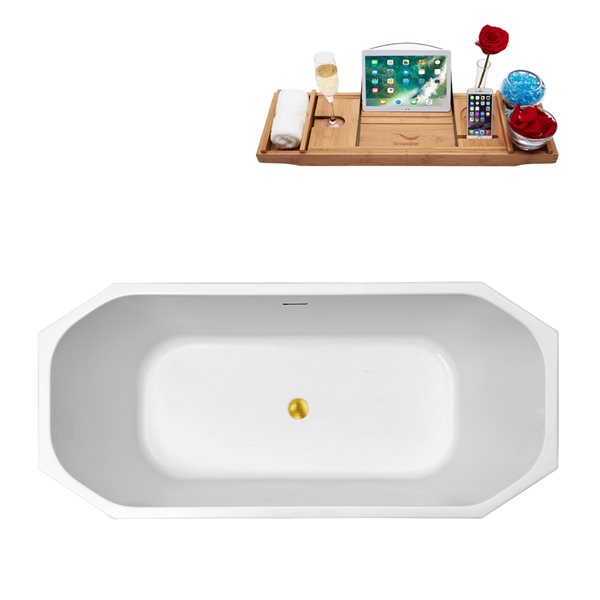 Streamline 29W x 63L Glossy White Acrylic Bathtub and a Polished Gold Center Drain with Tray