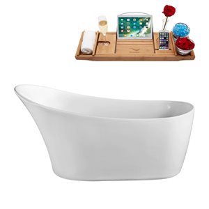 Streamline 30W x 63L Glossy White Acrylic Bathtub and a Polished Gold Reversible Drain with Tray