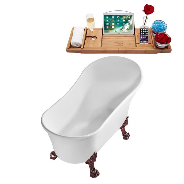 Streamline 28W x 59L Glossy White Acrylic Clawfoot Bathtub with Matte Oil Rubbed Bronze Feet and Reversible Drain with Tray