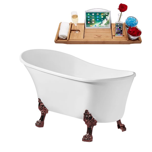 Streamline 28W x 59L Glossy White Acrylic Clawfoot Bathtub with Matte Oil Rubbed Bronze Feet and Reversible Drain with Tray