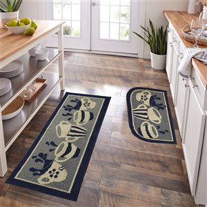 Nova Home Collection Non-Slip Soft 20-in x 48-in Kitchen Rug Mat, Navy Blue Coffee Cup - 2-Piece Set