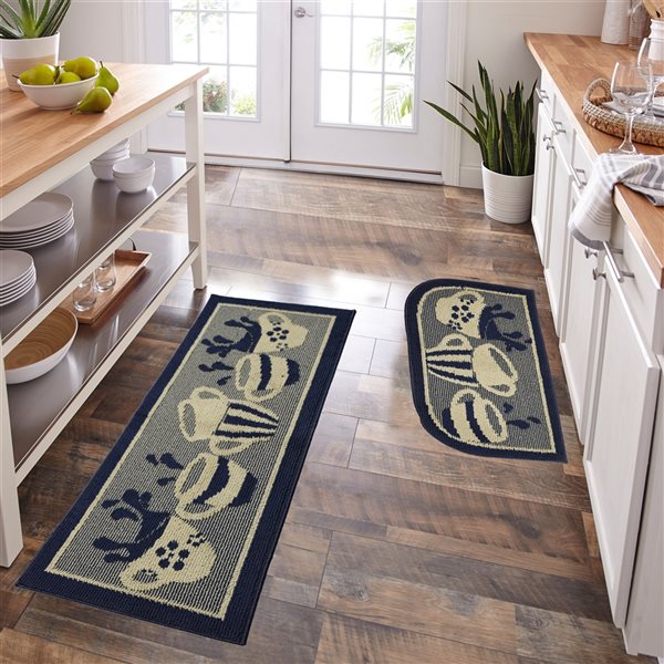 Tapis de cuisine bleu marine antidérapant oblong de 20 po x 48 po par Nova Home Collection, tasse à café