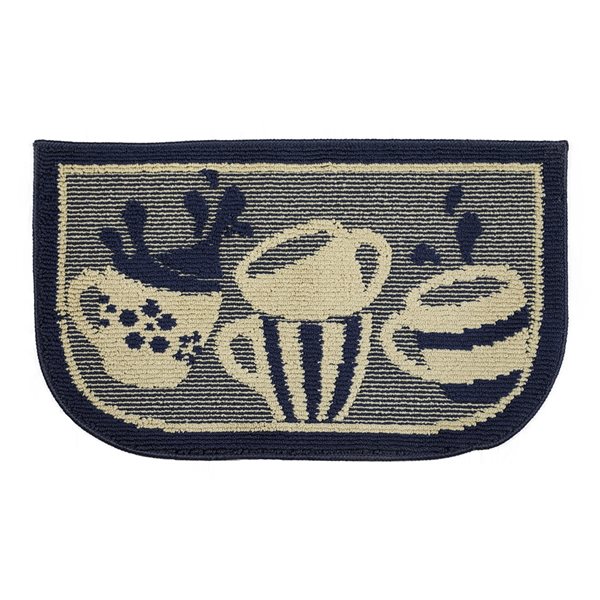 Nova Home Collection Non-Slip Soft 18-in x 30-in Kitchen Rug Mat, Navy Blue Coffee Cup, Half Moon Shape