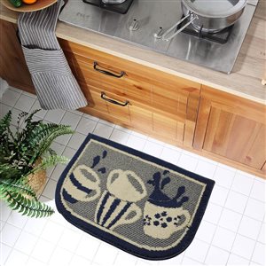 Nova Home Collection Non-Slip Soft 18-in x 30-in Kitchen Rug Mat, Navy Blue Coffee Cup, Half Moon Shape