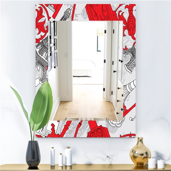Designart Canada 35.4-in L x 23.6-in W Rectangle Drawing of Paris with Red Keys Polished Wall Mirror