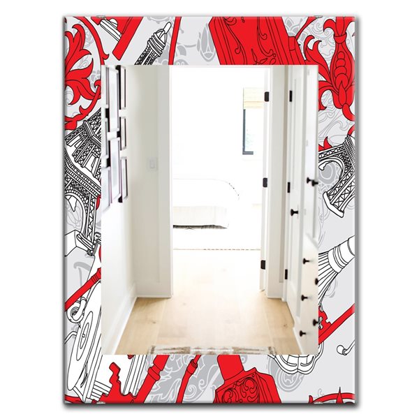 Designart Canada 35.4-in L x 23.6-in W Rectangle Drawing of Paris with Red Keys Polished Wall Mirror