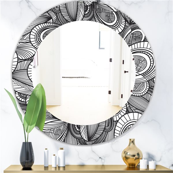 Designart Canada 24-in L x 24-in W Round Black and White Geometric Leaves Polished Wall Mirror