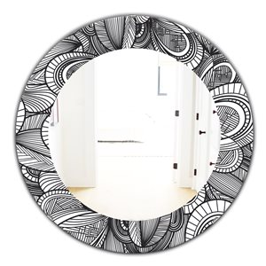 Designart Canada 24-in L x 24-in W Round Black and White Geometric Leaves Polished Wall Mirror