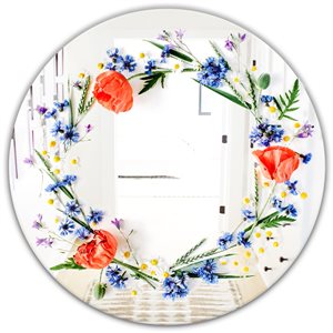 Designart Canada 24-in L x 24-in W Round Orange and Blue Flowers Polished Wall Mirror