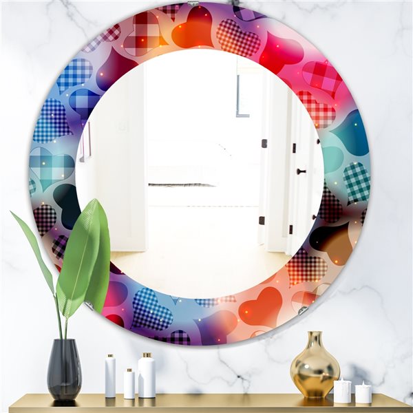 Designart Canada 24-in L x 24-in W Round Floating Hearts with Squared Pattern Polished Wall Mirror