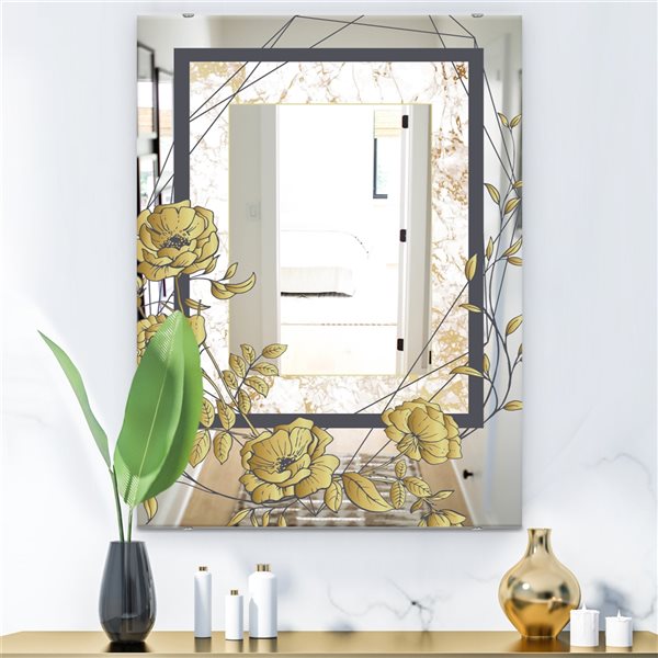 Designart Gold Botanical Blooming 3 Rectangular 35.4-in L x 23.6-in W  Polished Country Wall Mounted Mirror