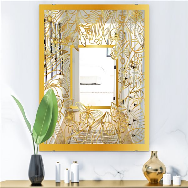 Designart Capital Gold Botanical Bliss 4 Rectangular 35.4-in L x 23.6-in W Polished Glam Wall Mounted Mirror