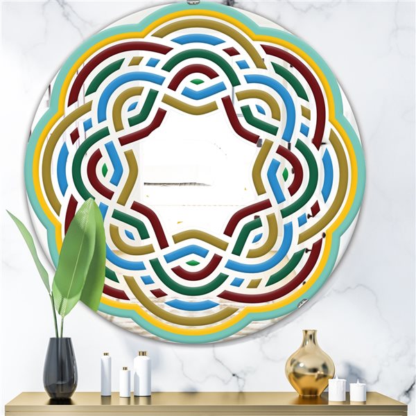 Designart Byzantine Rosette Round 24-in L x 24-in W Polished Mid-Century Blue Wall Mounted Mirror
